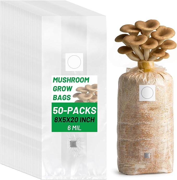 GREANER 6 Mil Mushroom Growing Kit, 50 Packs 8"x5"x20" Mushroom Growing Bag with Injection Ports, Psilocybin Spores with 0.2 Micron Filter Breathable