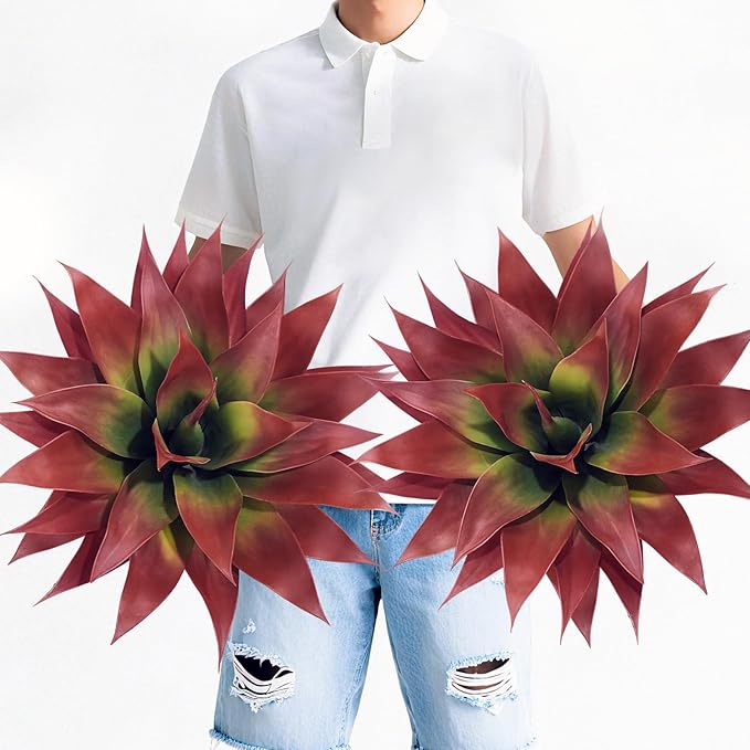 Artificial Agave Plants, Realistic UV Resistant Fake Aesthetic Plants for Outdoor Indoor, Home Decor for Garden, Porch, Doorway, Patio (2PCS, Red, Large)