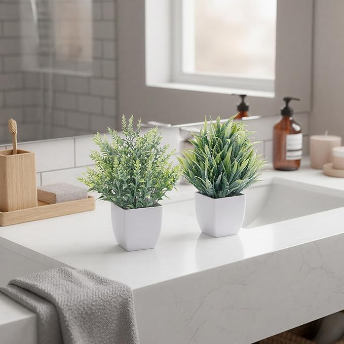 CEWOR Fake Plants 4 Packs Small Artificial Plants Mini White Potted Greenery Bathroom Accessories Decorations for Desk Bathroom Office Home Room Kitchen Table Decor Indoor