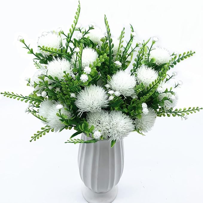Fake White Dandelion Flowers Simulated Ball Flower Ornaments, Artificial Plant Plastic Faux Greenery Indoor Home Decor Outdoor Garden Wedding Party Christmas Vase Planter Filler DIY Decoration 4 Pack