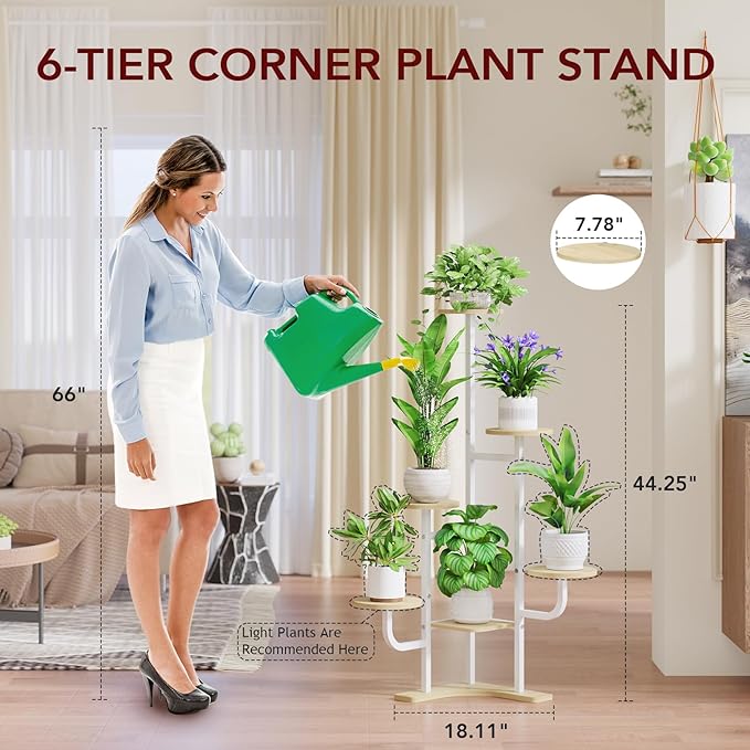 Homsorout Corner Plant Stand with Grow Light - 6 Tier Plant Stand Indoor Round Metal Plant Shelf with Adjustable Light, Plant Organizer for Living Room, Graden, Home Decor (Maple)