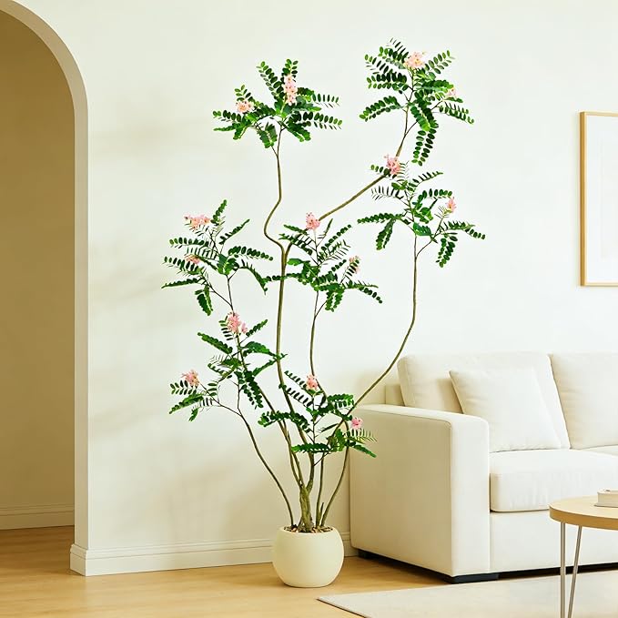 Artificial Mahonia Fortunei Tree - 6FT Artificial Plants Indoor, Fake Floor Plant with White Planter, Tall Sumac Faux Plants for Decor Indoor Home Sala Office Hotel Patio Studio（Pink