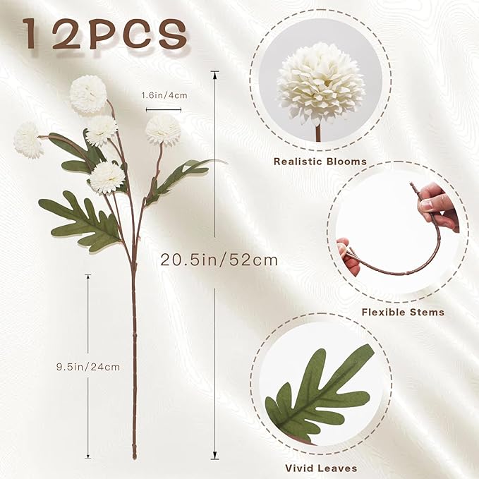 12Pcs Fake Kiku Flowers, Artificial Small Chrysanthemum Balls with Stems, Faux Silk Mini Pompon Mums for Vase Floral Arrangement DIY Bouquets Wedding Party Table Centerpieces Home Decor (No Vase)