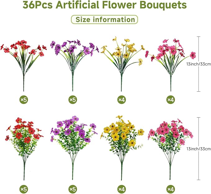 Alupssuc 36 Bundles Artificial Flowers for Outdoors Decoration, UV Resistant Silk Faux Daisy Flora Spring Fake Plastic Plants Greenery for Outside Indoor Yard Home Porch Window Box Decor, Mix 4 Colors
