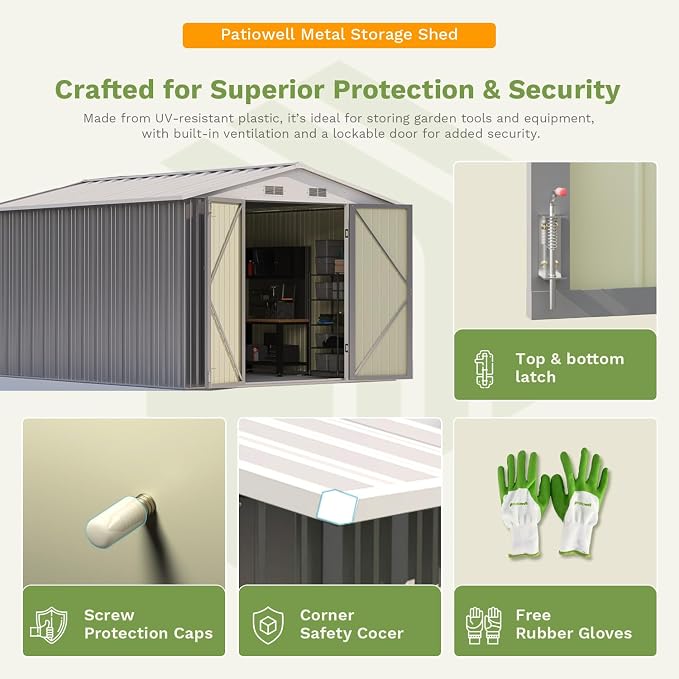 Patiowell 10 x 12 FT Metal Storage Shed for Outdoor, Steel Yard Shed with Design of Lockable Doors, Utility and Tool Storage for Garden, Backyard, Patio, Outside use, Gray