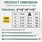Green Zip Ties Assorted Sizes (4"+6"+8"+12"), 400 Pack, Cable Ties UV Resistant for Garden, Plants, Fence, Holiday Lights, Yakobela