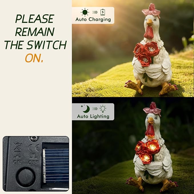 Solar Chicken Garden Decor with LED Light (5" W x 5.5" L x 8.5" H) – Cute Outdoor Hen Statue for Yard Patio Lawn, Chicken Outdoor Decor, Solar Yard Decoration, Housewarming Gifts