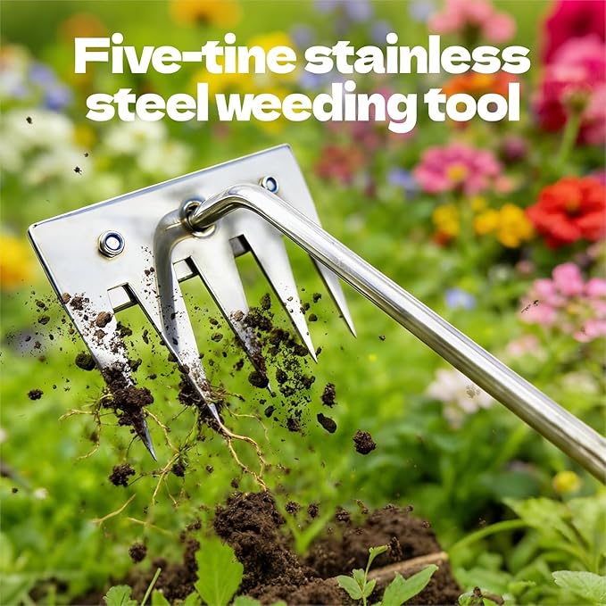 2Pcs Weed Puller Tool - 2026 Portable Manual Weeding Tools Gardening, 5 Teeth Head Stainless Steel Hand Garden Weeding Rake, Weed Remover Tool for Gardening Backyard Yard Farm Planting