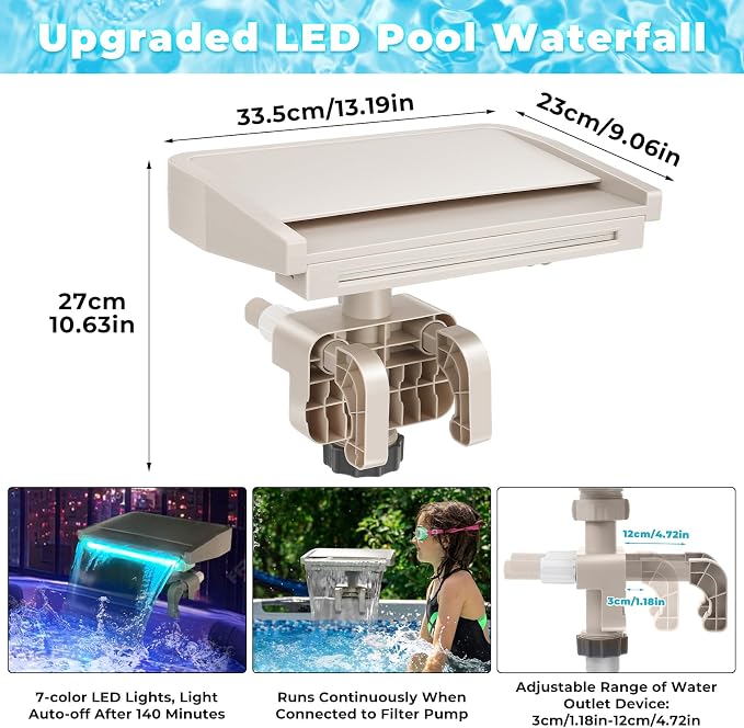 Hanaoyo LED Pool Fountain Waterfall for Above Ground Pools, 7 Different Lighting Colors, Smooth Flowing Pool Waterfall Relaxing Cascade for Outdoor Decor, Adjustable Width Fits Various Frames