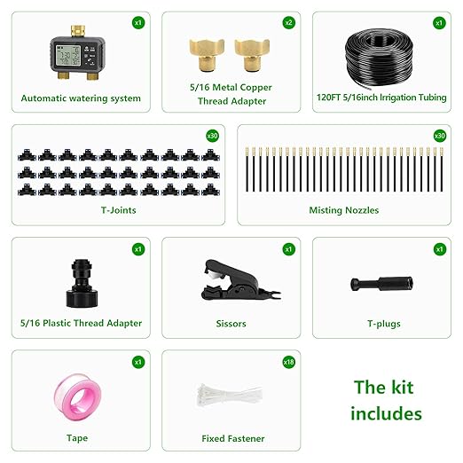120FT Drip Irrigation System with Smart Water Timer – Automatic Garden Watering Kit with Dual Metal Tube Brass Connectors, 360° Adjustable Nozzles & Bendable Tubing for Garden, Greenhouse & Lawn