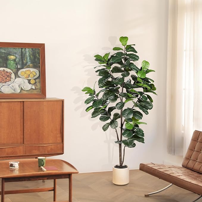 Fiddle Leaf Fig Tree Artificial - 6ft Faux Fiddle Leaf Fig Tree with White Planter - Fig Tree Artificial with Lifelike Leaves for House Office Living Room Indoor Home Decor