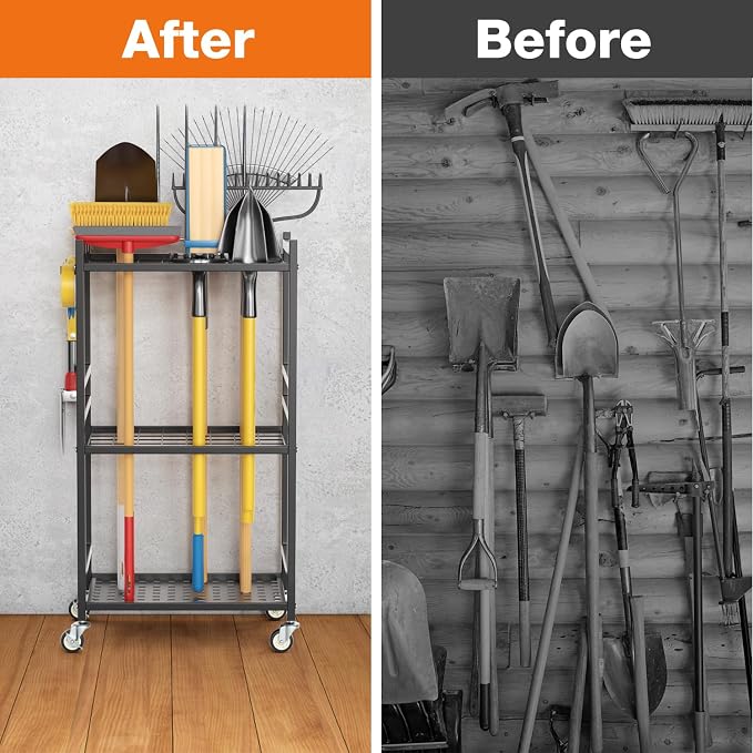 Garden Tool Organizer with Wheels, Heavy-Duty Yard Tool Rack with 3 Side Hooks, Holds Up to 40 Long-Handled Tools, Metal Garage Tool Storage for Lawn & Outdoor Organization