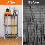 Garden Tool Organizer with Wheels, Heavy-Duty Yard Tool Rack with 3 Side Hooks, Holds Up to 40 Long-Handled Tools, Metal Garage Tool Storage for Lawn & Outdoor Organization
