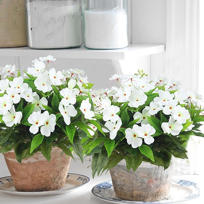CITYES 4 Pcs Artificial Flowers Outdoor Impatiens UV Resistant Silk Impatiens Flowers White Faux Flowers Impatiens Bushes Artificial Impatiens for Pot Patio Lawn Garden Hanging Basket Porch Decor