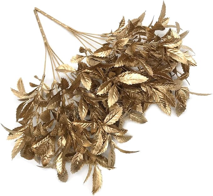 PASYOU Christmas Artificial Plants Decoration, Plastic Grass Fake Shrubs Simulation Leaves Indoor Outdoor Home Garden Planter Filler Party Hotel Verandah Wedding UV Resistant DIY Decor - Gold 2 Pack