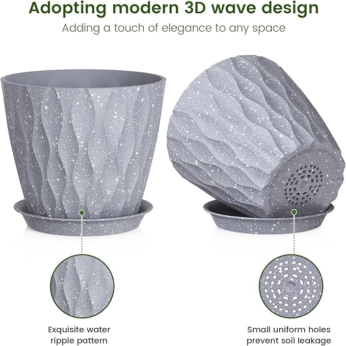 Meowell 7 inch Plant Pots for Indoor Outdoor Plants, 5 Pack Thick Flower Pots with Drainage Holes and Saucers, 3D Modern Wave Texture Plastic Planter Nursery Pots, Speckled Grey