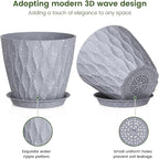 Meowell 7 inch Plant Pots for Indoor Outdoor Plants, 5 Pack Thick Flower Pots with Drainage Holes and Saucers, 3D Modern Wave Texture Plastic Planter Nursery Pots, Speckled Grey