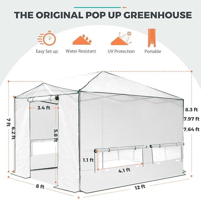 EAGLE PEAK 12x8 Portable Walk in Greenhouse, Pop Up Indoor Outdoor Greenhouse, Green House Kit with Zippered Roll-Up Doors, Windows + Support Pole, PE Cover, Clear/White