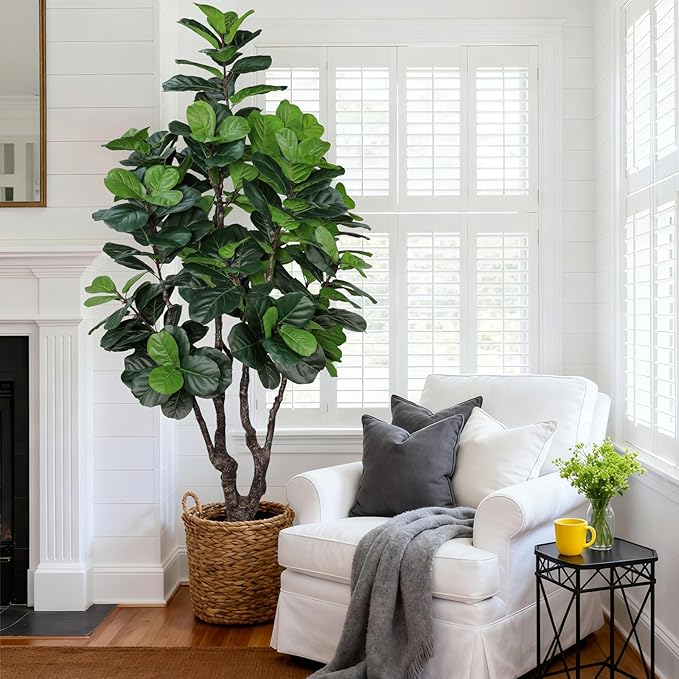 7FT Artificial Fiddle Leaf Fig Tree for Home Decor, Realistic Faux Plants Indoor Ficus Lyrata Trees in Pot, Fake Floor Plant for Living Room Office Christmas Housewarming Gift