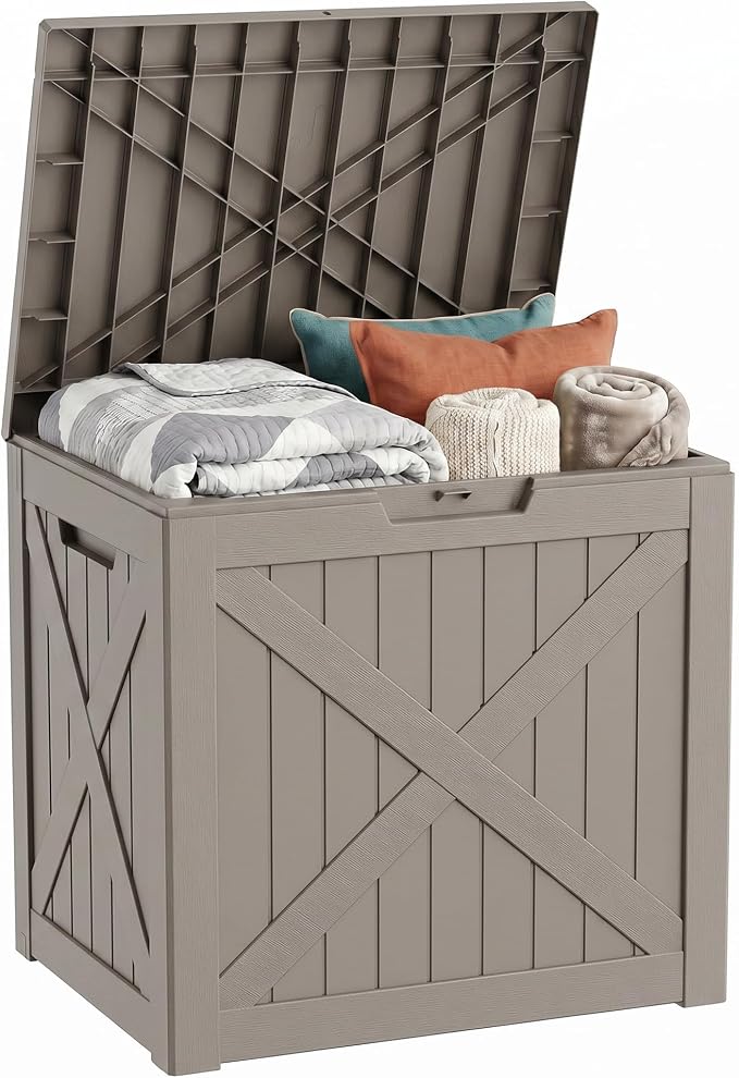 32 Gallon Deck Box, Waterproof Outdoor Storage Boxes For Garden Tools,Indoor Cushions,Accessories Outside Storage Resin Lockable Weatherproof Container(Grey)
