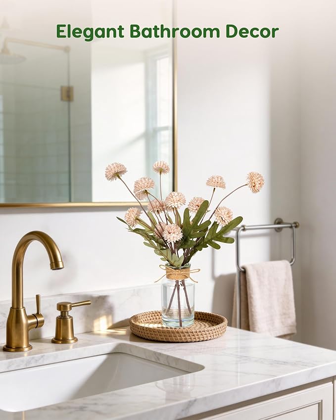 Velener Beige Faux Silk Mums Fake Flowers in Vase with Faux Water, Fake Plants Artificial Flowers for Home Decor Kitchen Bathroom Farmhouse Living Room Coffee Table Small Faux Centerpieces for Tables