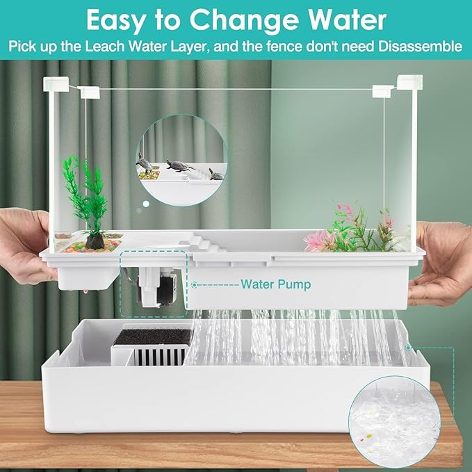 Small Turtle Starter Kit with Integrated Pump, Basking Light, Clear Acrylic 3-Layer Easy Cleaning Turtle Tank Aquarium for Small Reptiles