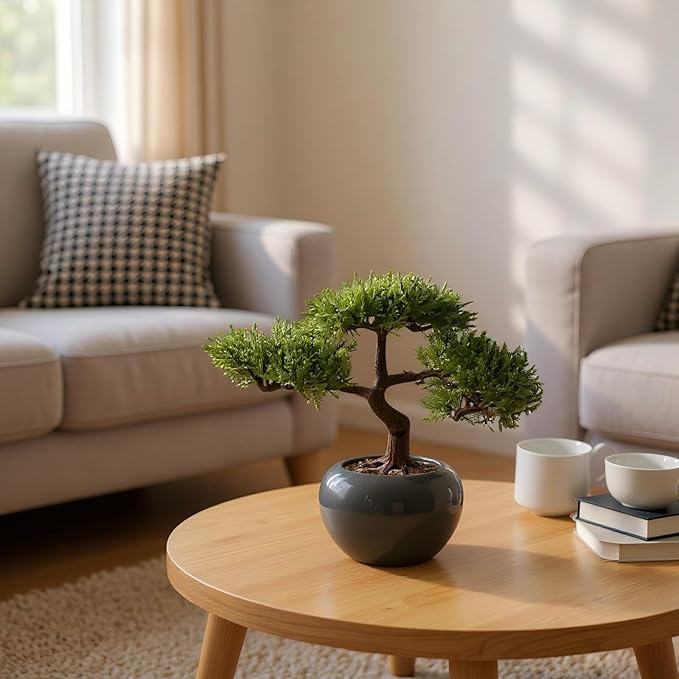 9.5 Inch Artificial Bonsai Tree with Ceramic Pot - Decorative Fake Plant for Home Office Living Room Window Sill, Fake Plants for Year-Round Decoration（Gray）