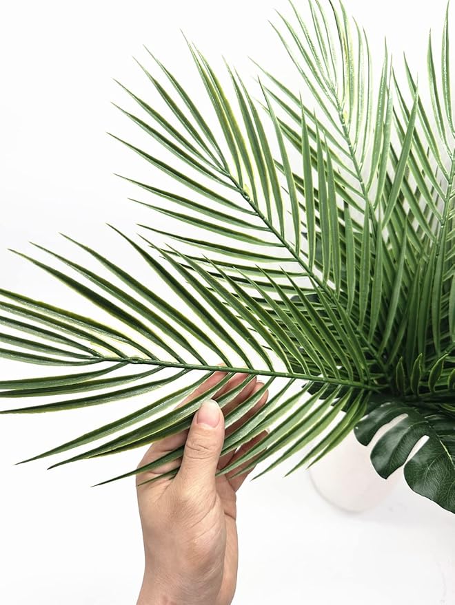 Artificial Palm Leaves Stem, Fake Tropical Palm Tree Leaf Plastic Greenery Plants Faux Areca Stems Jungle Boston Decoration for Indoor Outdoor Wedding Birthday Party Arrangement Table DIY Decor 12 Pcs