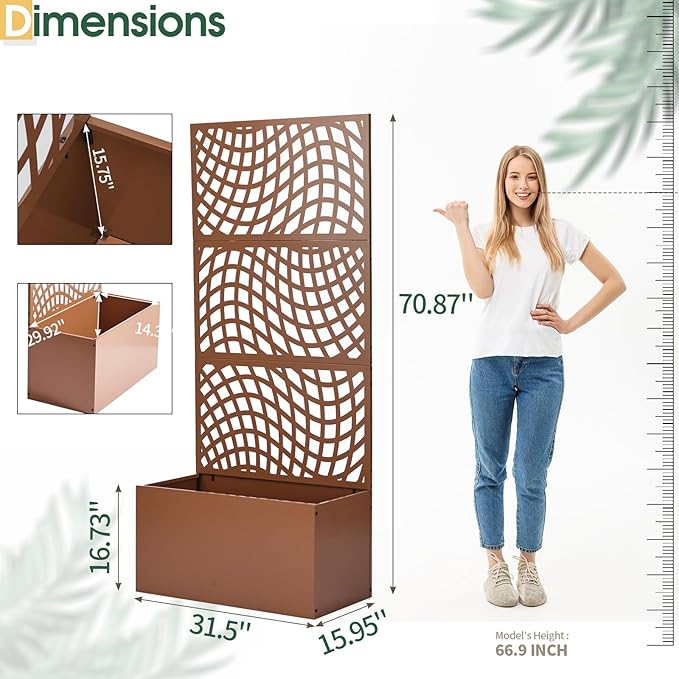 Outvita Metal Planter Box with Trellis, 71’’ x 32’’ x 16’’ Raised Garden Bed with Drainage Holes for Climbing Plants, Vegetables, Vines, Wavy Grid Cutout Privacy Planters for Patio (Brown)