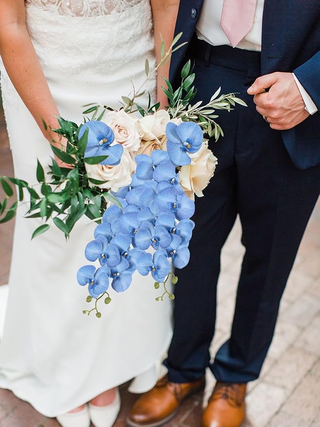 4PCS Faux Orchid Artificial Flowers, 35inch Long Stem Phalaenopsis Branches，Fake Orchid Flowers for Tall Vase Home Wedding Party Decoration (Light Blue)