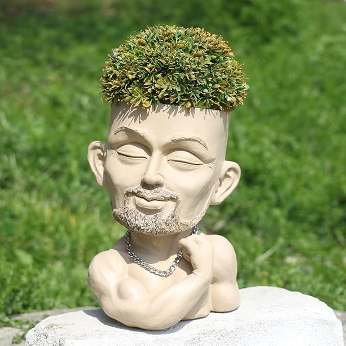 Unique Plant Pots Face Planters, Funny Plant Pots Head Planter, Men Face Planters Pots Head, Beefcake Face Vase with Drainage Hole (Khaki)