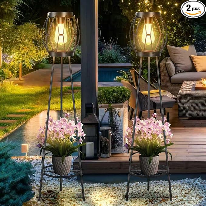 2 Pack Solar Lights Outdoor with Plant Stands, Solar Floor Lamp, Patio Decor for Garden Yard Pathway Driveway Porch