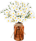 Muhanjia Artificial Daisy Flowers in Amber Glass Vase with Faux Water,9Pcs White Artificial Silk Flowers with Stems for Centerpiece (Daisy)