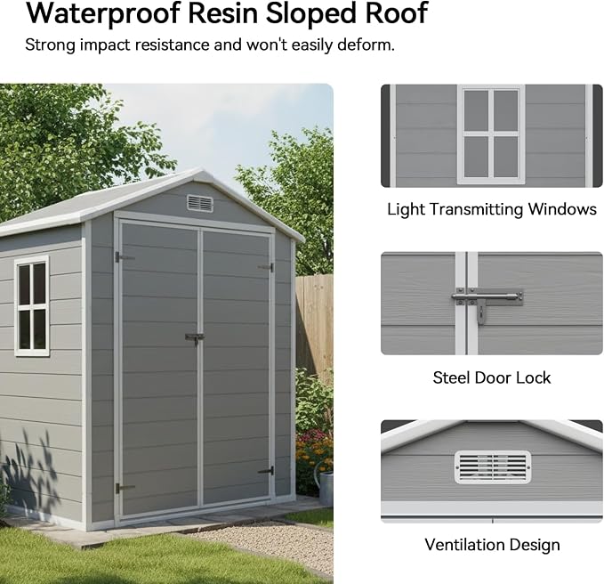 Aoxun 6x4 FT Outdoor Storage Shed with Built-in Magnetic Suction Light, Plastic Garden Resin Shed with Floor, Outdoor Storage with Lockable Door for Bike, Tools, Garbage Can, Grey
