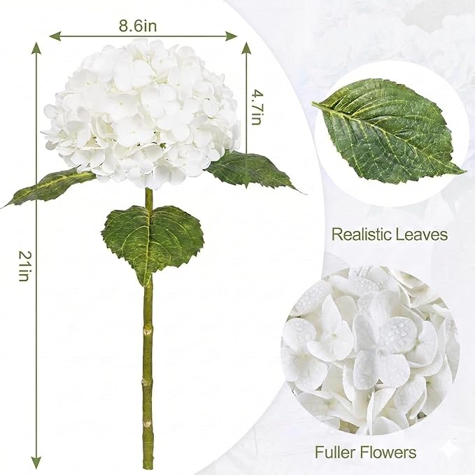6Pcs Hydrangea Artificial Flowers Realistic Latex Texture for Spring Decoration Home Party Wedding Living Room Decoration 21''White