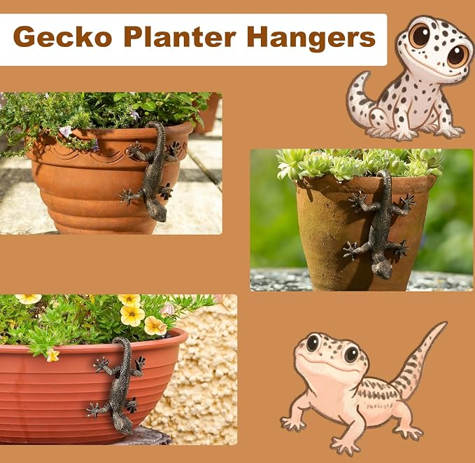 2-Pack Vintage Bronze Gecko Planter Pot Hugger Flower Figurine – Resin Climbing Lizard Statue for Garden, Fairy Garden Terrarium, Outdoor Fence & Yard Decor，Versatile Home & Office Decor