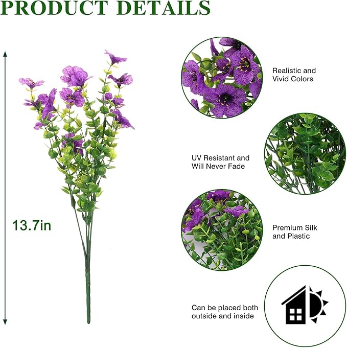 CEWOR 12 Bundles Artificial Flowers for Outdoor Indoor, Fake Silk Daisy with Eucalyptus Leaves, Faux Flower for Garden Front Door Porch Planter Patio Home Decor (Deep Purple)