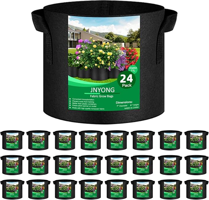 JNYONG 24-Pack 3 Gallon Thickened Non-Woven Grow Bags, Aeration Fabric Pots with Handles