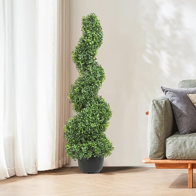 VEVOR Artificial Boxwood Spiral Topiary Trees, 3ft Tall (2 Pieces) Faux Plant Outdoor, All-Year Green Fake Plant with Replaceable Leaves for Decorative/Indoor/Porch/Garden