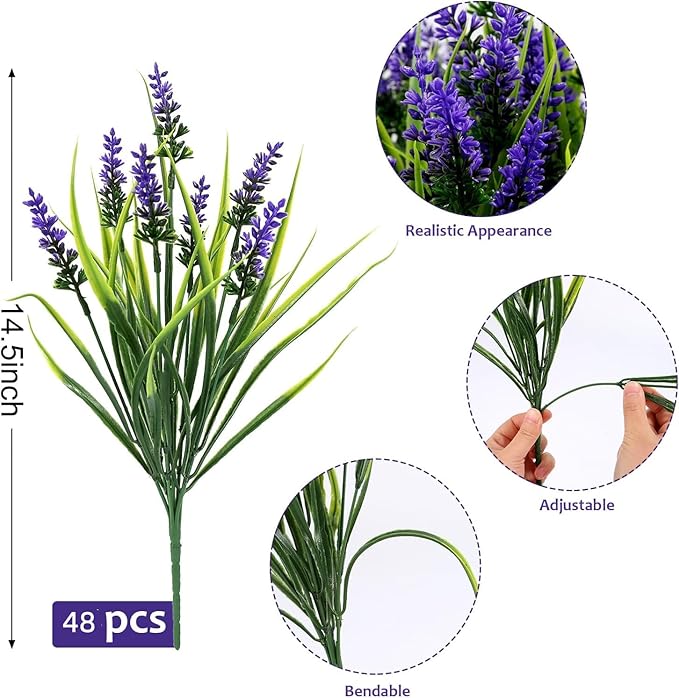 Geegoods Artificial Plants Flowers Outdoor – 48 Bundles UV Resistant Faux Lavender Flowers with Monkey Grass for Garden Porch Window Patio Hanging Planter Decor