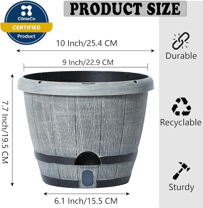 Sun-E Whiskey Barrel Self Watering Planters 10 Inch 3Pack with Water Level Window, Drainage Holes, Saucers & Plant Tags-Gray Imitation Wood Grain Pots for House Plants,Plants&Decor Not Included