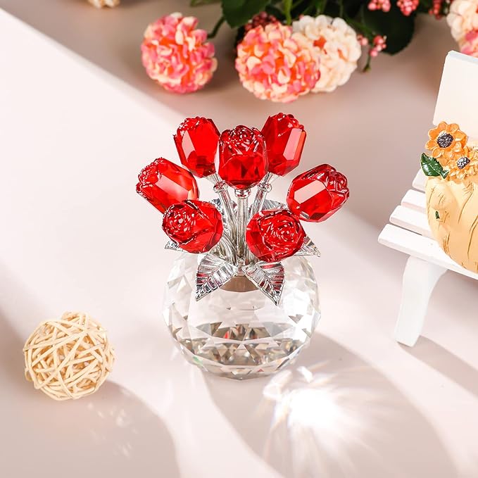 YWHL Handmade Crystal Red Rose Flower Figurine With Round Vase, Romantic Gifts for Women on Anniversary Mother's Day Birthday, Collectible Figurines for Home Party Wedding Decorations