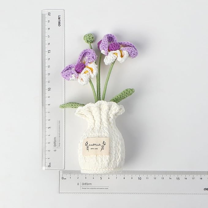 Crochet Moth Orchid Vase, Eternal Finished Hand Woven Artificial Mini Flowers Pot Decoration for Home Office Kitchen Living Room Table Bedroom Creative Women Girls Gift (Pink)
