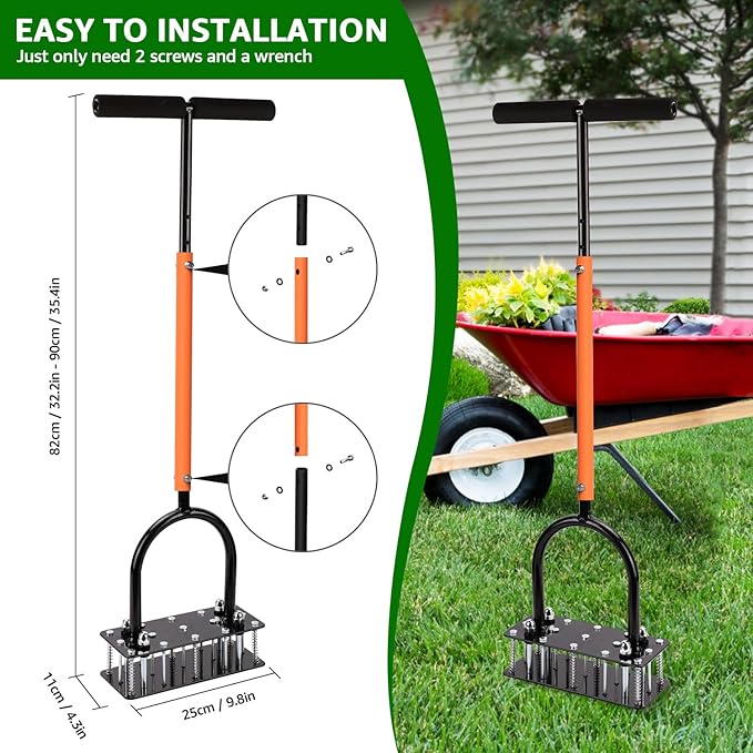 Lawn Aerator, Automatic Dirt and Leaf Clean Design, Heavy Duty Manual Lawn Aerator Tool with 15 Iron Spikes, Height Adjustable, Yard Grass Aerator for Lawn(Black with Orange)