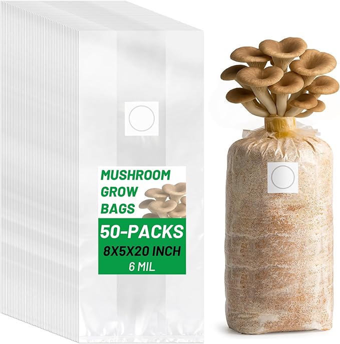GREANER 50 Packs Mushroom Grow Bag, 6 Mil Spawn Bags for Growing, 0.2 Micron Filter Breathable-Large Size Autoclavable Bags（8"x5"x20"）