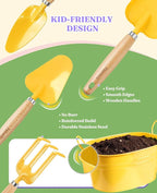 8Pcs Kids Gardening Set with Metal Basket & Real Metal Tools, STEM Outdoor Kit, Ergonomic Wooden Handles, 3 Shovels, Rake, Watering Can, Gloves, Tote Bag, Gift for Toddler Boys Girls, Yellow