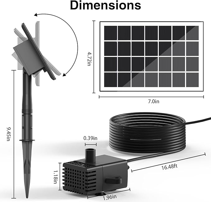 Jutai Solar Fountain Works in Cloudy Day with 2000mAH Battery Backup, 3.5W Glass Panel DIY Water Pump Kit with Sucker and Stake for Bird Bath, Water Feature,Garden, Outdoor-7 Nozzles,16.4ft Power Cord