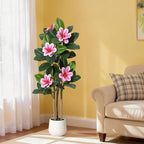 Fiddle Leaf Fig Tree 4FT Tall Artificial Plant, Large Fake Tree in White Planter, Faux Rubber Tree Fake Floor Plant with Magnolia Flowers - Artificial Tree for Home Office Living Room Decor, Pink