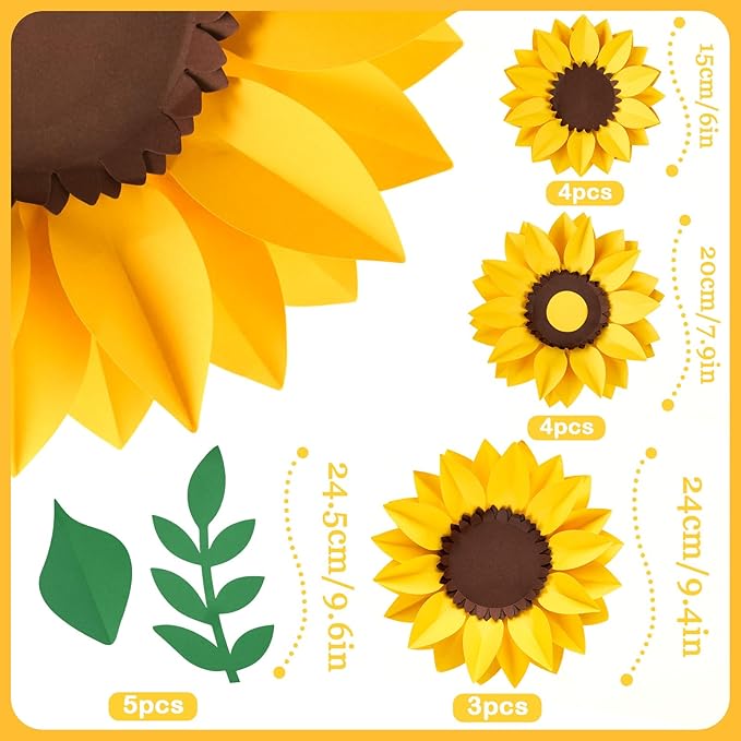 PAPER JAZZ Sunflower Paper Flower Decoration for Wall,3D Gaint Flower Wall Decor | Large Yellow Sunflowers for Bulletin Board Kitchen Living Room for Baby Shower,Nursery Room.