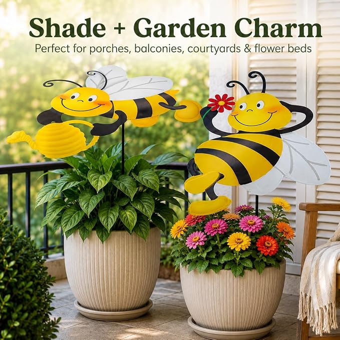 2 Pack Metal Bee Plant Umbrellas for Outdoor Plants, 24.6 Inch Decorative Plant Shade Cover, Cute Bee Garden Stakes Outdoor for Small Potted Plants, Flower Pots, Planters, Patio Porch Decor